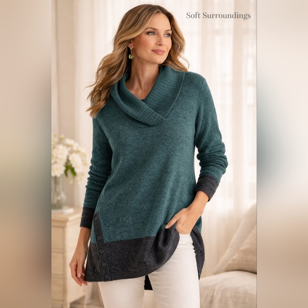 Soft Surroundings Teal and Navy Cowl Neck Sweater, Size XL (Oversized)